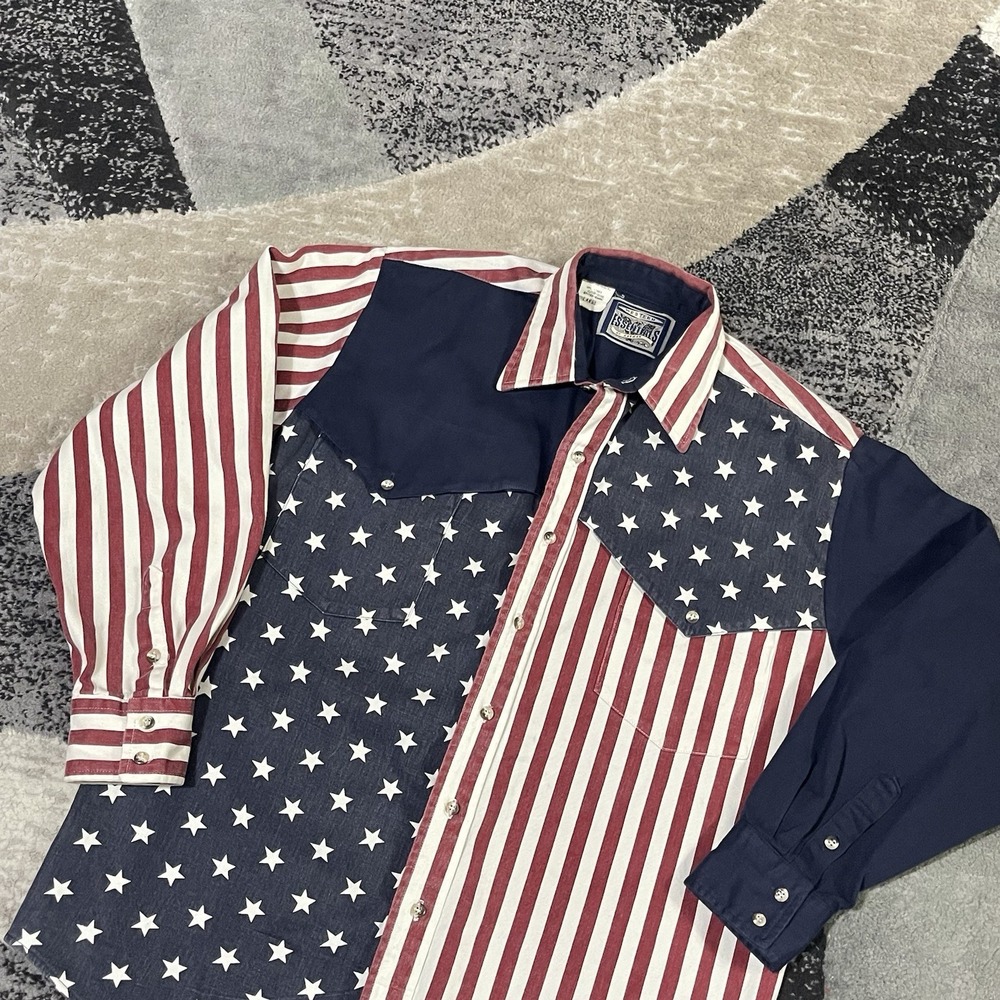 Vintage Karman Western Shirt Men Large Blue Red Stars Stripes Yoke Cowboy USA